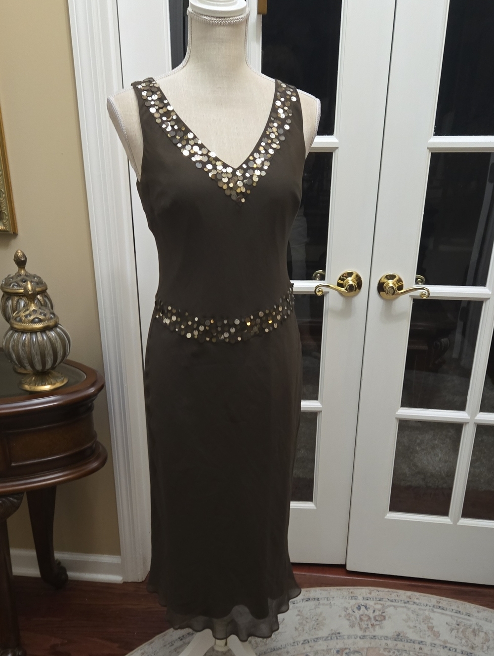 B.Moss Dress Collection 100% Silk Maxi Dress V Neck Copper Gold Sequins Sz 2 EUC